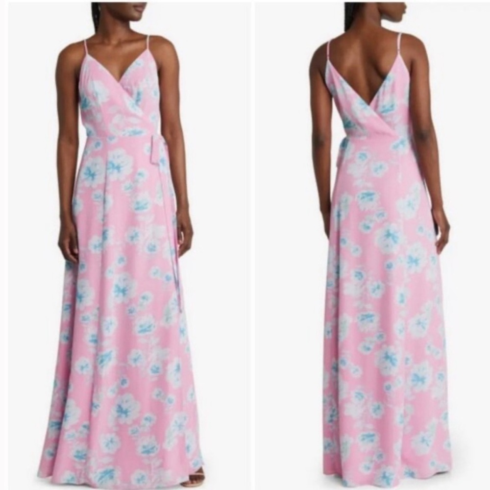 PT4. WAYF The Angelina Floral Wrap Gown Blue Pink Floral Print Small S
